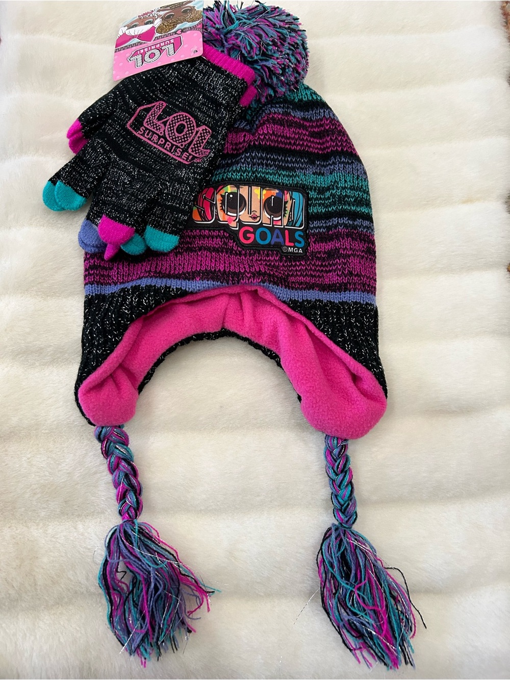 L.O.L. Surprise! Kids Pink & Teal Knit Pom Pom Hat with Matching Gloves